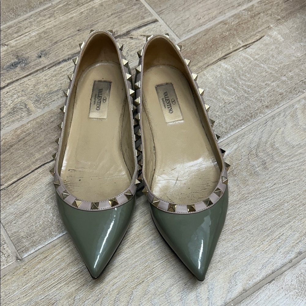 Valentino Olive Green Patent Studded Flats